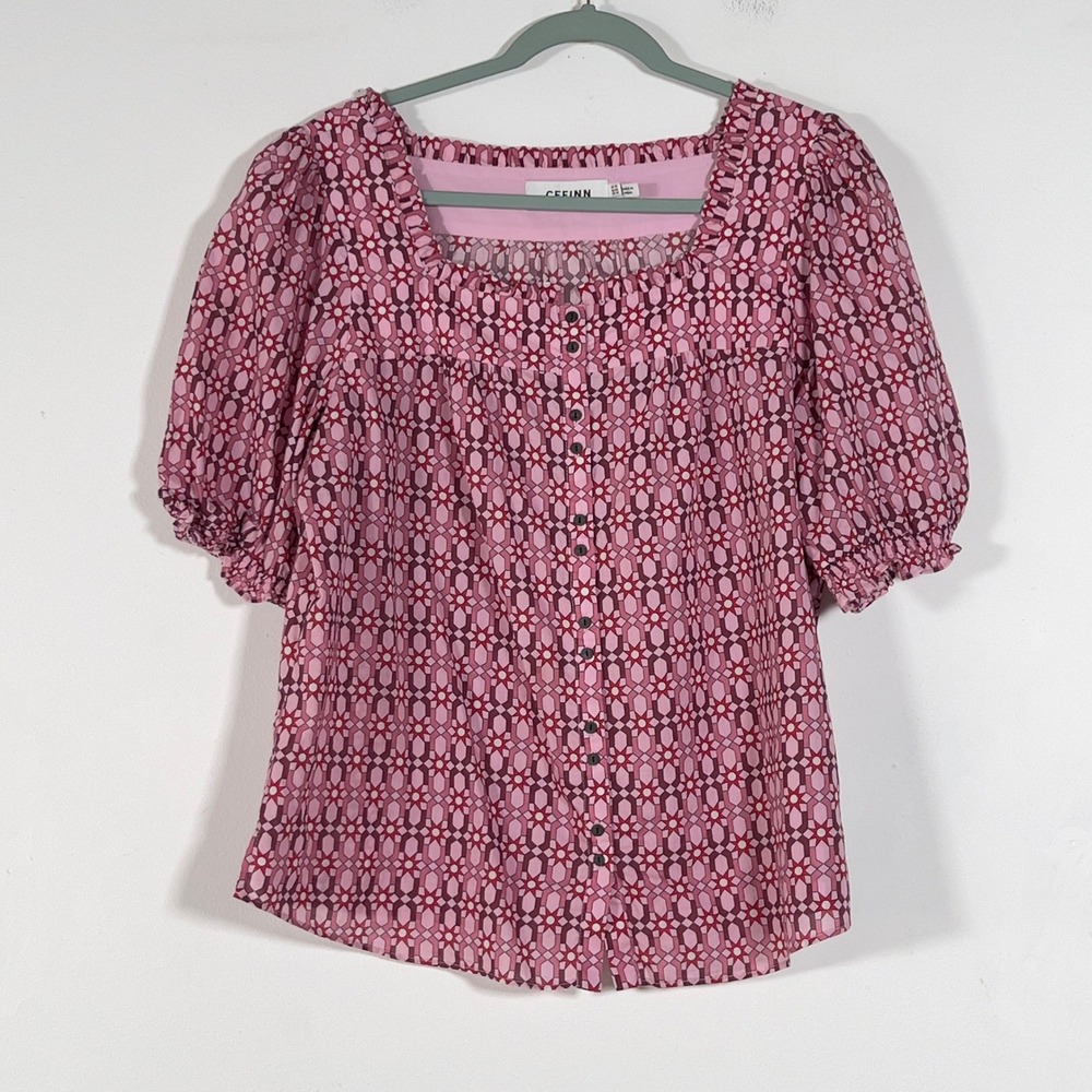 Cefinn Shannon Top Women Sz 12 Pink Printed Short Sleeve Organic Cotton Blouse